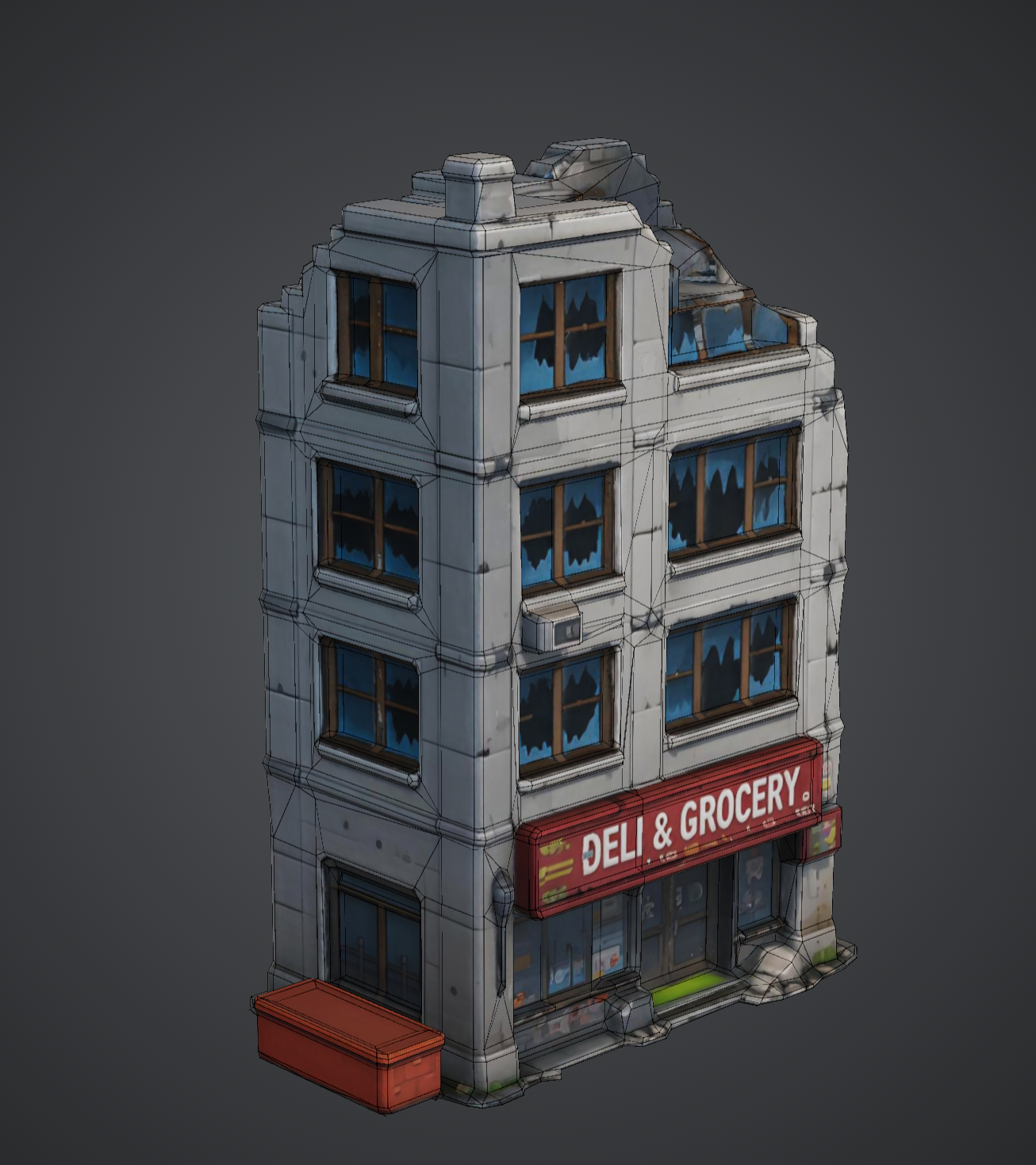 Complete wireframe view of the AI-assisted low-poly building