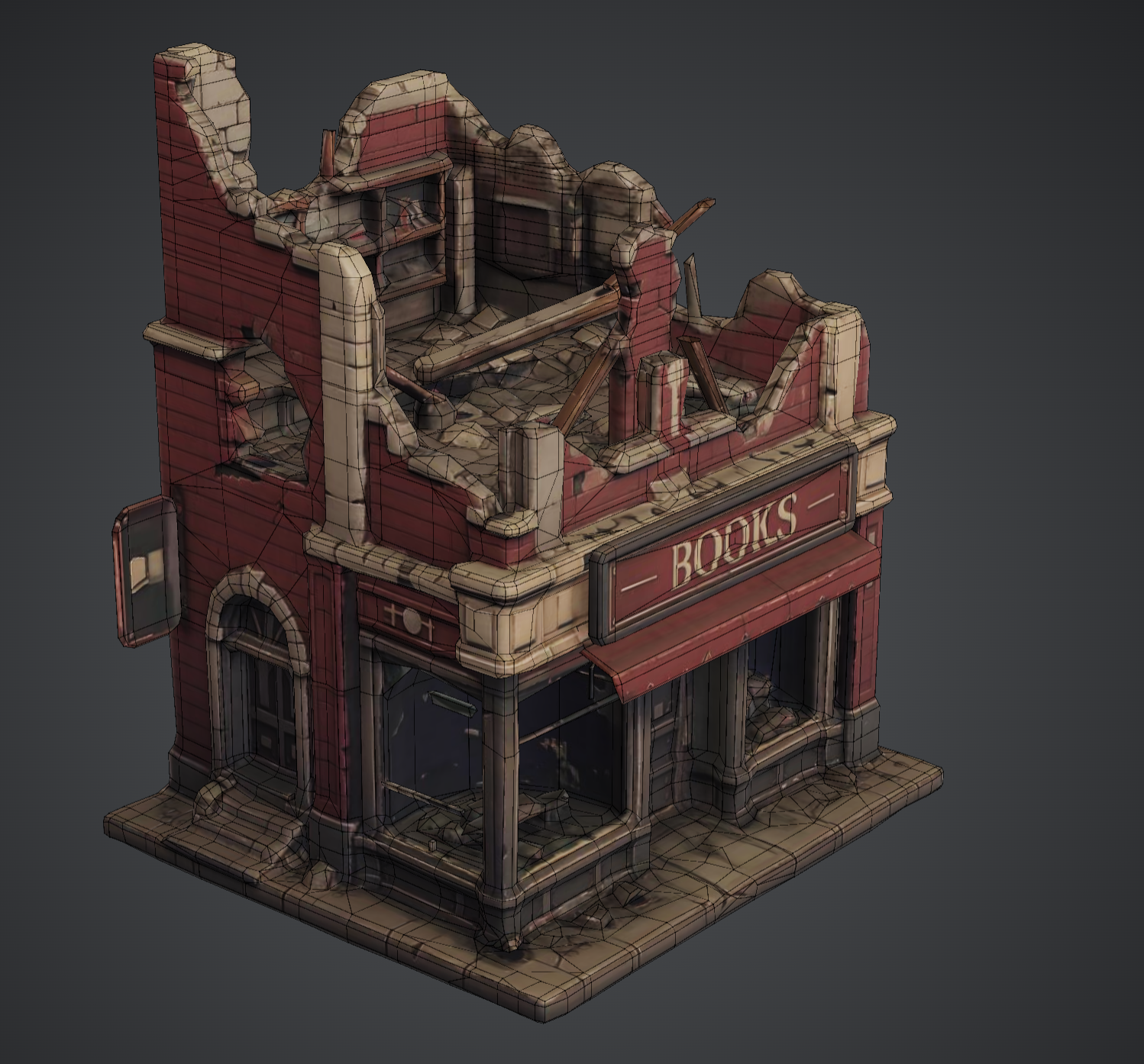 Complete wireframe view of the ruined shop