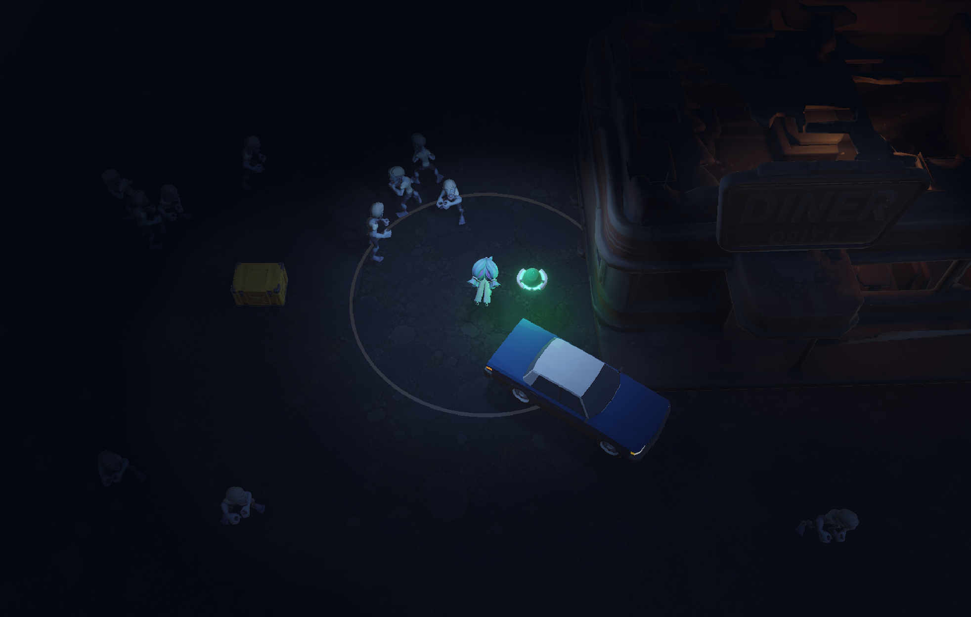 Final runtime street environment with diner, car, chest and infected